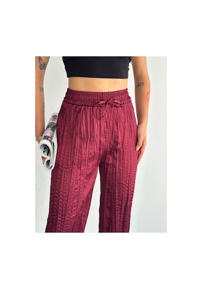 Gugus Kadın Saten Pantolon Trend Wide Leg Model Bordo