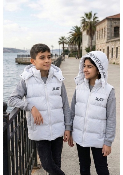 Pina Kids Unisex Çıtçıt Kapüşonlu Baskılı Şişme Yelek Beyaz
