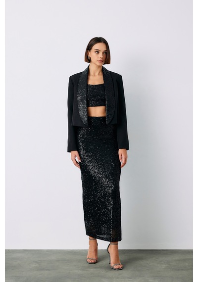 Sateen Pul Payetli Midi Etek - Siyah-135196 Siyah