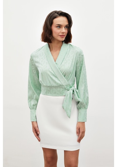 Sateen Yan Kuşaklı Saten Bluz - Mint-134493