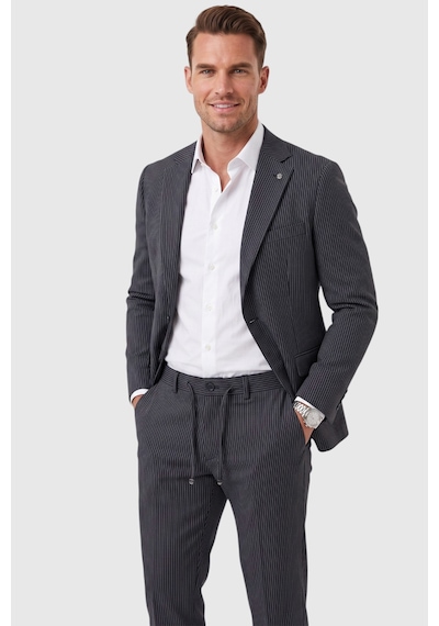 Rizzup Erkek Slim Fit Dar Kesim Çizgili Gofre Kumaş Lacivert Takım Elbise Tek Düğme İpli Pantolon 2602311