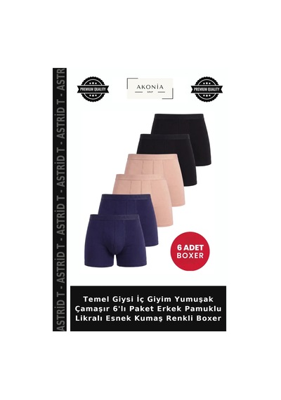 Astrid T Temel Giysi İç Giyim Yumuşak Çamaşır 6'lı Paket Erkek Pamuklu Likralı Esnek Kumaş Renkli Boxer 2siy 2laci 2ten