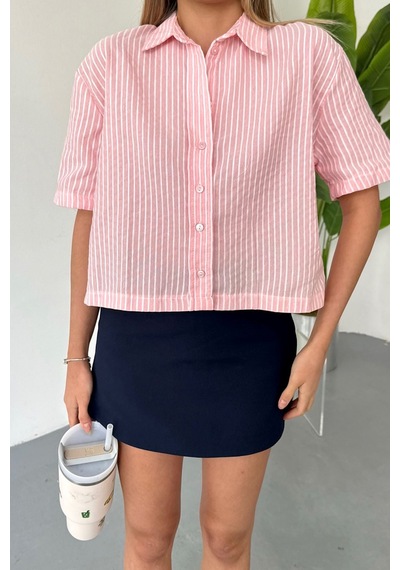 Jee Lee Kadın Kısa Kollu Çizgili Gömlek Pembe - 26y 2124 Pembe