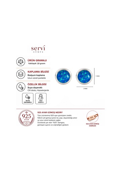 Servi 925 Ayar Gümüş Ocean Glow Mavi Opal Tektaş Küpe-502