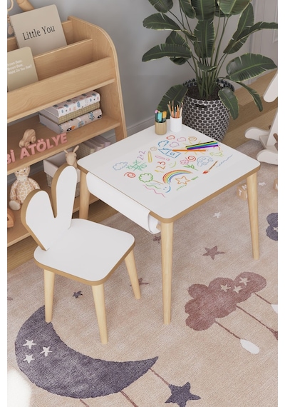 Çocuk Oyun Aktivite Masası 45x45 Cm - Kağıt Rulo Set - Montessori Sandalye Çalışma Masası Çok Renkli