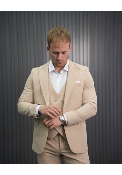 Beystil Sivri Yaka Krem Takım Elbise Petek04 -slim Fit Krem