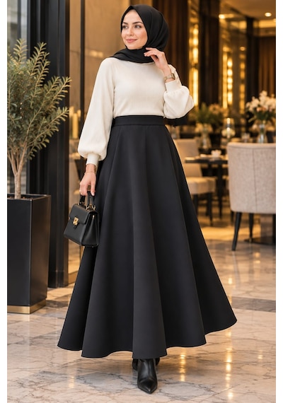 Esra Butik78 Scuba Kumaş Uzun Kloş Etek Siyah&lacivert-100 Cm