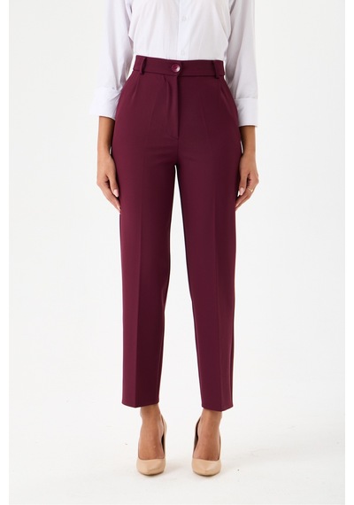 Velnara Moda Mürdüm Dar Paça Cepli Yüksek Bel Dokuma Kumaş Kadın Pantolon Bordo Mürdüm - 918311251 Bordo Mürdüm