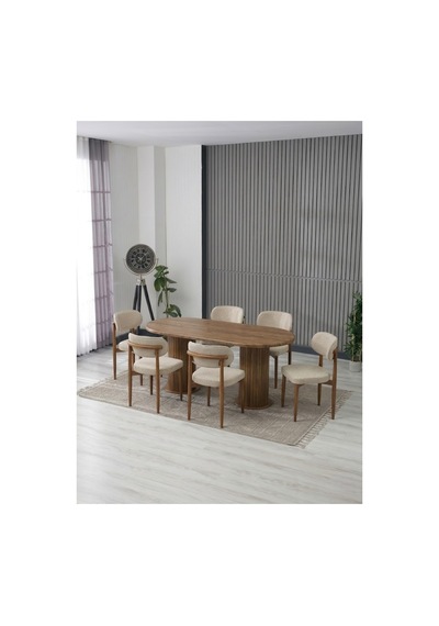 Aura Bohem Masa Takımı 90x180 Mdf Masa Ve 6 Adet Polo Sandalye Krem Krem