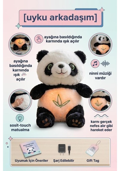 Nefes Alan Işıklı Ve Müzikli Panda Uyku Arkadaşım Ritmik Hareketli 30 Cm Oyuncak Peluş Hayvan