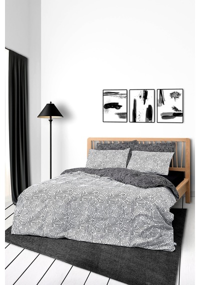 Cozy Home Mono Çift Kişilik Lastikli Çarşaflı Nevresim Takımı Maze Siyah Siyah