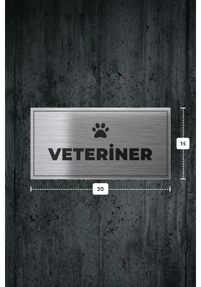 Veterıner Yazılı - Metal - Gümüş Renk - Kapı İsimliği - 30x15 Cm