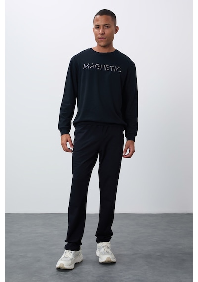 Tommy Life Lacivert Yazı Nakışlı O Yaka Rahat Form İçi Polarlı Erkek Sweatshirt - 88020 Lacivert