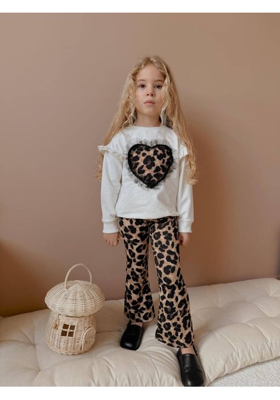 Miniko Kids Kız Çocuk Kalp Modelli Tül Detaylı Leopar İspanyol Paça Taytlı Takım Ekru Miniko Kids Kız Çocuk Kalp Modelli Tül Detaylı Leopar İspanyol Paça Taytlı Takım Ekru