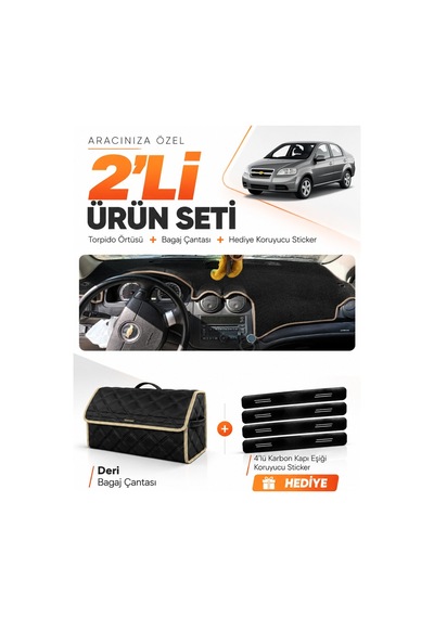 E-biz Chevrolet Aveo T250 2006-2011 Uyumlu Torpido Örtüsü + Deri Bagaj Çantası - Siyah-bej - Ch008
