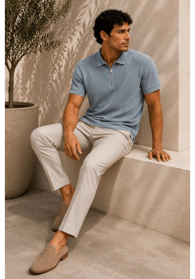Alexandergardi Kısa Kollu Fermuarlı Polo Yaka T-shirt Mavi