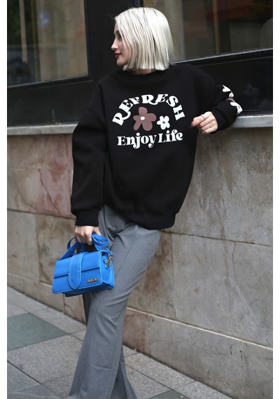 Siyah Bisiklet Yaka Baskılı Sweatshirt Mg1572