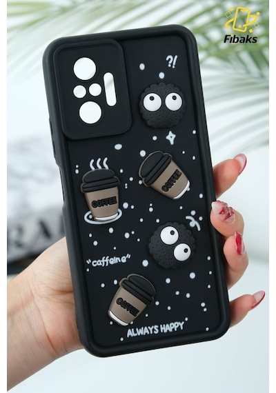 Fibaks Redmi Note 10 Pro Uyumlu Kılıf Tasarımlı Desenli Kamera Korumalı Coffee Kurabiye Siyah Yumuşak Silikon Kap