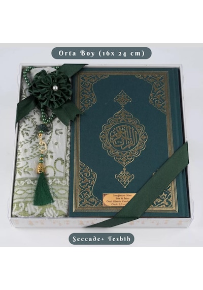 Kuran + Seccade + Tesbih Hediye Seti Orta Boy, Ekonomik Cilt, Desenli Kutu, Yeşil