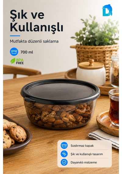 Yuvarlak Saklama Kabı 700 Ml 14,5x14,5x6 Cm Şeffaf Siyah Kapaklı Bpa İçermez