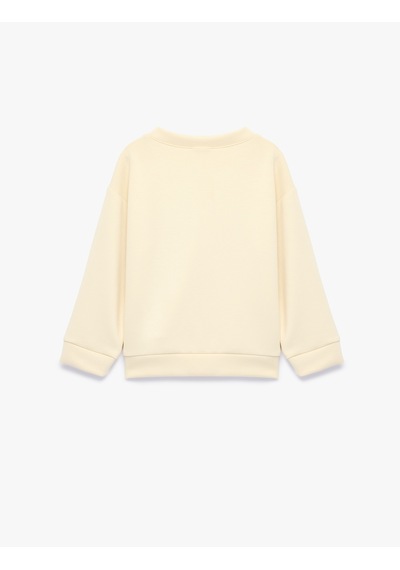 Koton Viskon Karışımlı Bisiklet Yaka Uzun Kollu Baskılı Sweatshirt Bej 7wmg10105ak Ekru