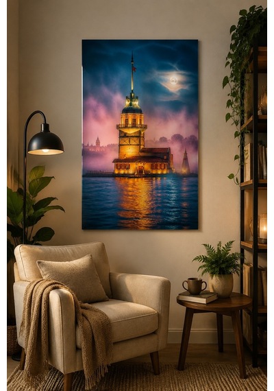Kız Kulesi Baskılı Cam Tablo Sisli İstanbul Manzaralı Uv Baskı Duvar Tablosu