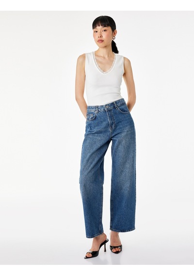 Koton Pamuklu Slim Fit Dantel Detaylı Fitilli Kolsuz V Yaka Bluz Ekru 6sak10386ek