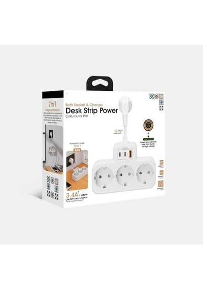 Akım Korumalı Grup Priz Duvar Tipi 3x Priz, 2x Type-c, 1x Usb Port Çıkışlı Çoklu Priz Beyaz 0