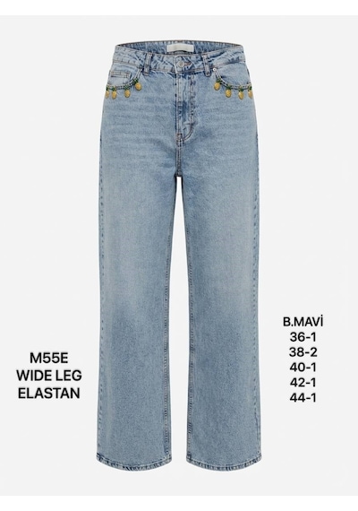 Miss Poem Kadın Buz Mavi Ananas Aksesuarlı Yüksek Bel Wide Leg Jean Pantolon