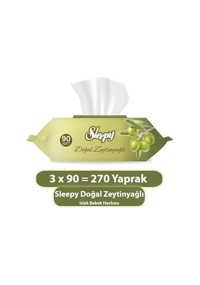 Doğal Zeytinyağlı ve Pamuklu Islak Bebek Havlusu 3x90 270 Yaprak