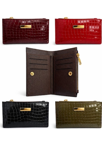 Adelina Bags Kadın Timsah Deseni Görünümlü Basic Küçük Kırmızı Cüzdan Kırmızı