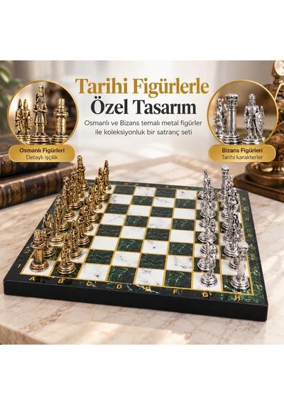 Lüks Metal Satranç Takımı Osmanlı Bizans Figürlü Krom Yeşil Mermer Desenli 20x20 Premium Hediye Seti