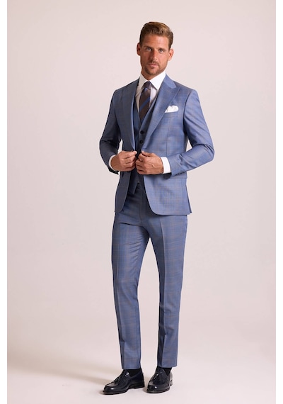 Erkek Mavi Slim Fit Sivri Yaka Yelekli Yün Takım Elbise