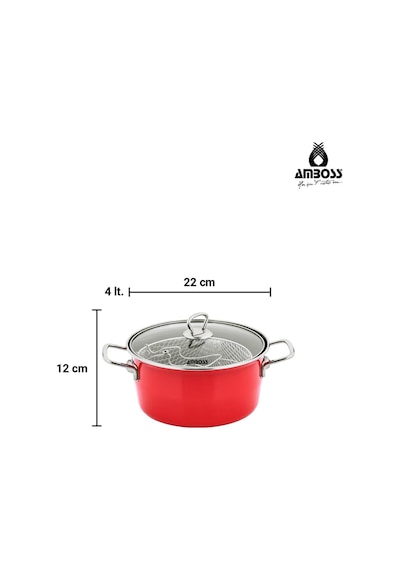 Crispella 22 Cm Cam Kapaklı Emaye Kızartma Tenceresi - Kırmızı kırmızı