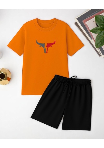 Uyguntarz Unisex Boğa Baskılı Tasarım Şort Takım Turuncu