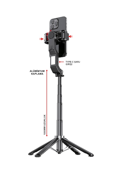 Gimbal Sabitleyici Ve Tripod Bluetooth Kumandalı 9 Renk Led Işıklı Selfie Çubuğu Mt6703