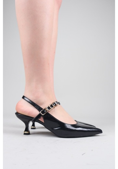 Birikon Orılıa Biyesi Aksesuarlı Alçak Topuklu Stiletto Siyah-8749 Siyah