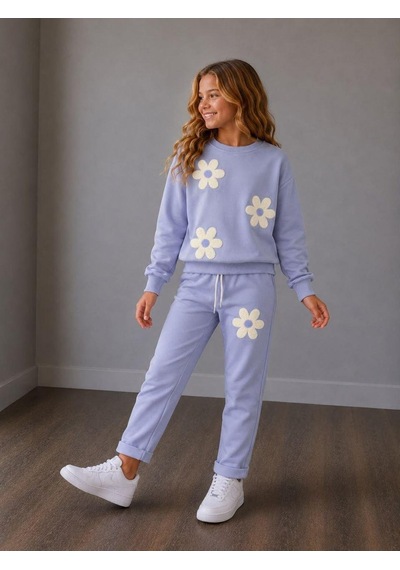 Papatya Desenli Kız Çocuk Sweatshirt Ve Eşofman Altı 2'li Takım 2iplik Süper Kalite Mor - Lila