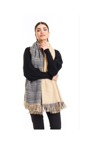 Çift Taraflı Ekoseli Yünlü Omuz Şalı - 70x190cm - Kışlık Şal 001