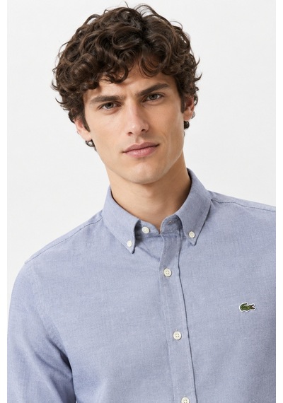 Lacoste Mens Slim Fit Gray Cotton Shirt Dar Kesim Pamuklu Erkek Gömlek Gri