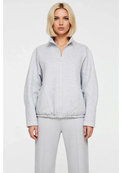 Benerly Kadın Dik Yaka Fermuarlı Düşük Kol Örme Sweatshirt Fonksiyonel Da Kar Melanj