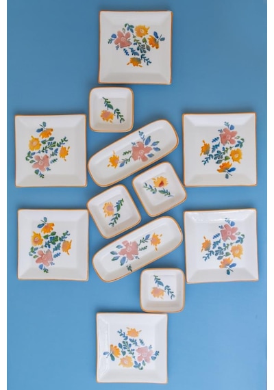 12 Parça 6 Kişilik Seramik Kahvaltı Takımı Sonbahar Desenli Kare Kahvaltı Seti Ekru
