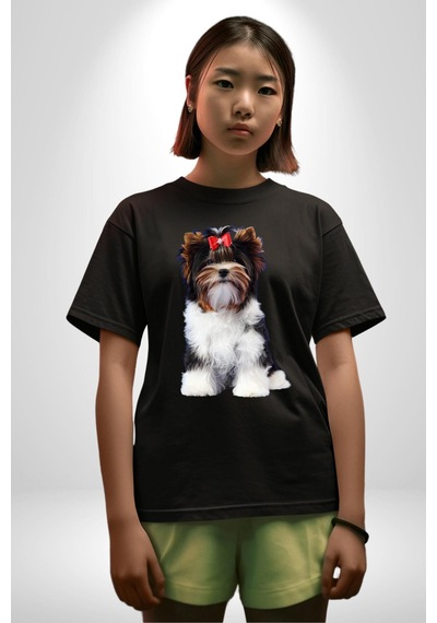 Biewer Yorshire Terrier Pamuklu Bisiklet Yaka Unisex Oversize Boyfriend Dijital Baskılı Siyah T-shirt Siyah