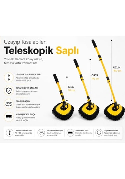 Krafz Oto Yıkama Mopu - Çift Kilit Sabitleme Sistemli Teleskopik Saplı,eğimli Başlık Ve Geniş Mikrofiber Yıkama Paspası, Çizmez Araç, Cam, Karavan Ve Tekne Temizleme Fırçası Lüx Mob