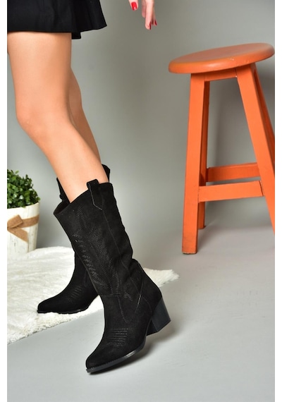 Fox Shoes R973934002 Siyah Süet Alçak Topuklu Kadın Çizme Siyah