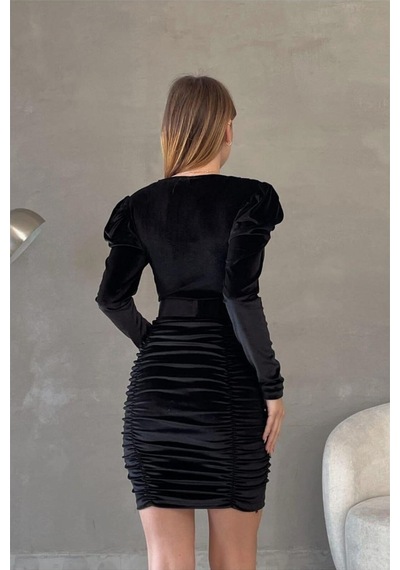 DefyModa Kadın Şık Tasarım Esnek Kadife Kumaş V Yaka Kemerli Abiye Elbise Siyah