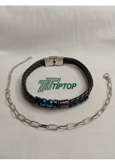 Tiptop/ Siyah Deri Taşlı Çelik Tokalı - Gümüş Renk Ataç Zincir Bileklik Set Gümüş
