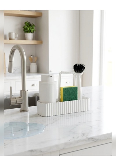 Beyaz Mutfak Lavabo Üstü Düzenleyici Set Sünger Dahil Süngerlikli Deterjanlık Bulaşık Fırçalı Tezgah Organizer