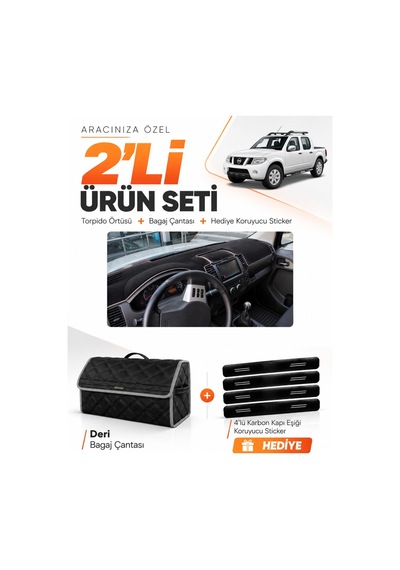 E-biz Nissan Navara 2005-2015 Uyumlu Torpido Örtüsü + Deri Bagaj Çantası Seti - Siyah-gri - Nı009