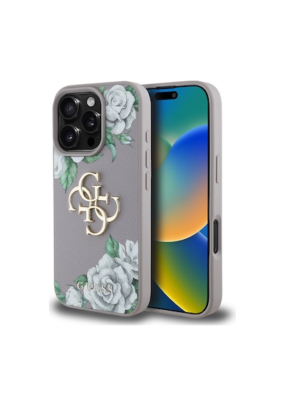 Apple Uyumlu iPhone 16 Pro Max Kılıf Guess Lisanslı Beyaz Gül Baskılı Büyük 4g Metal Logolu Kapak Lavanta Gri